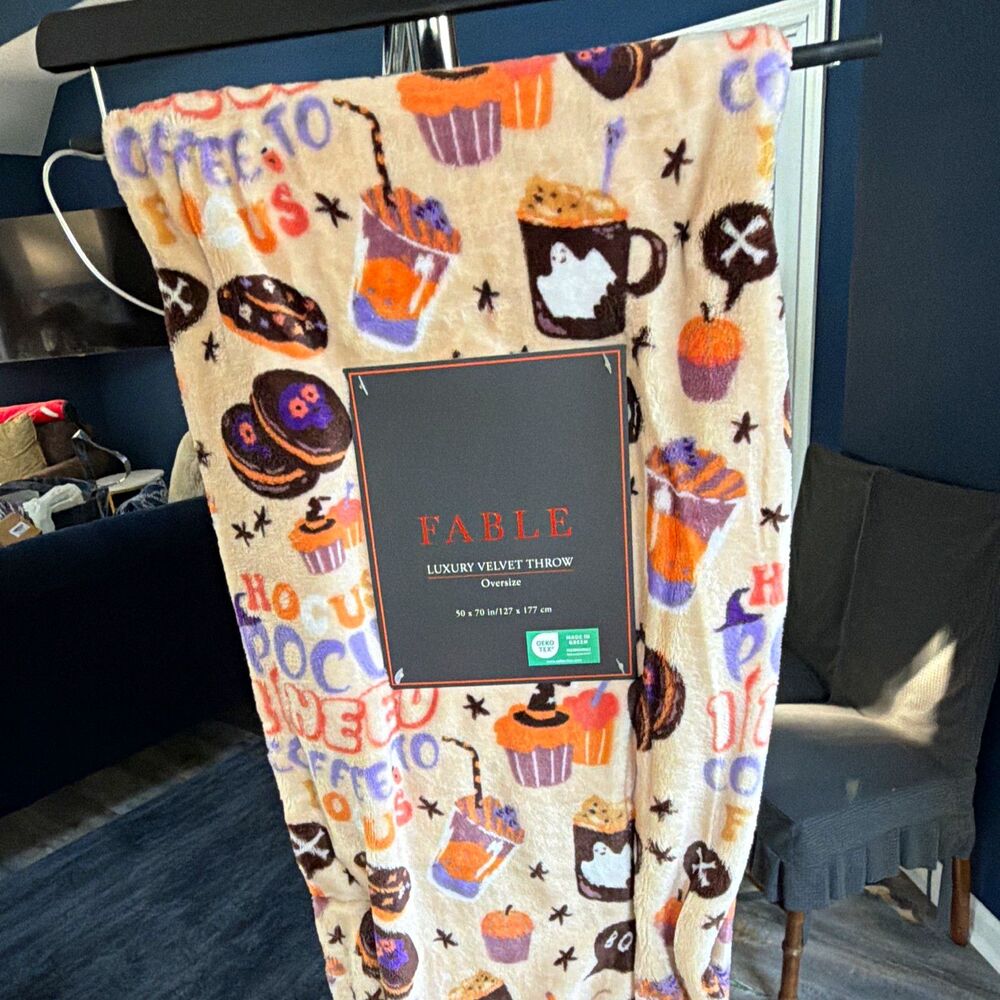 FABLE Luxury Velvet Throw Blanket 50 x 70 Polyester Halloween Coffee Theme